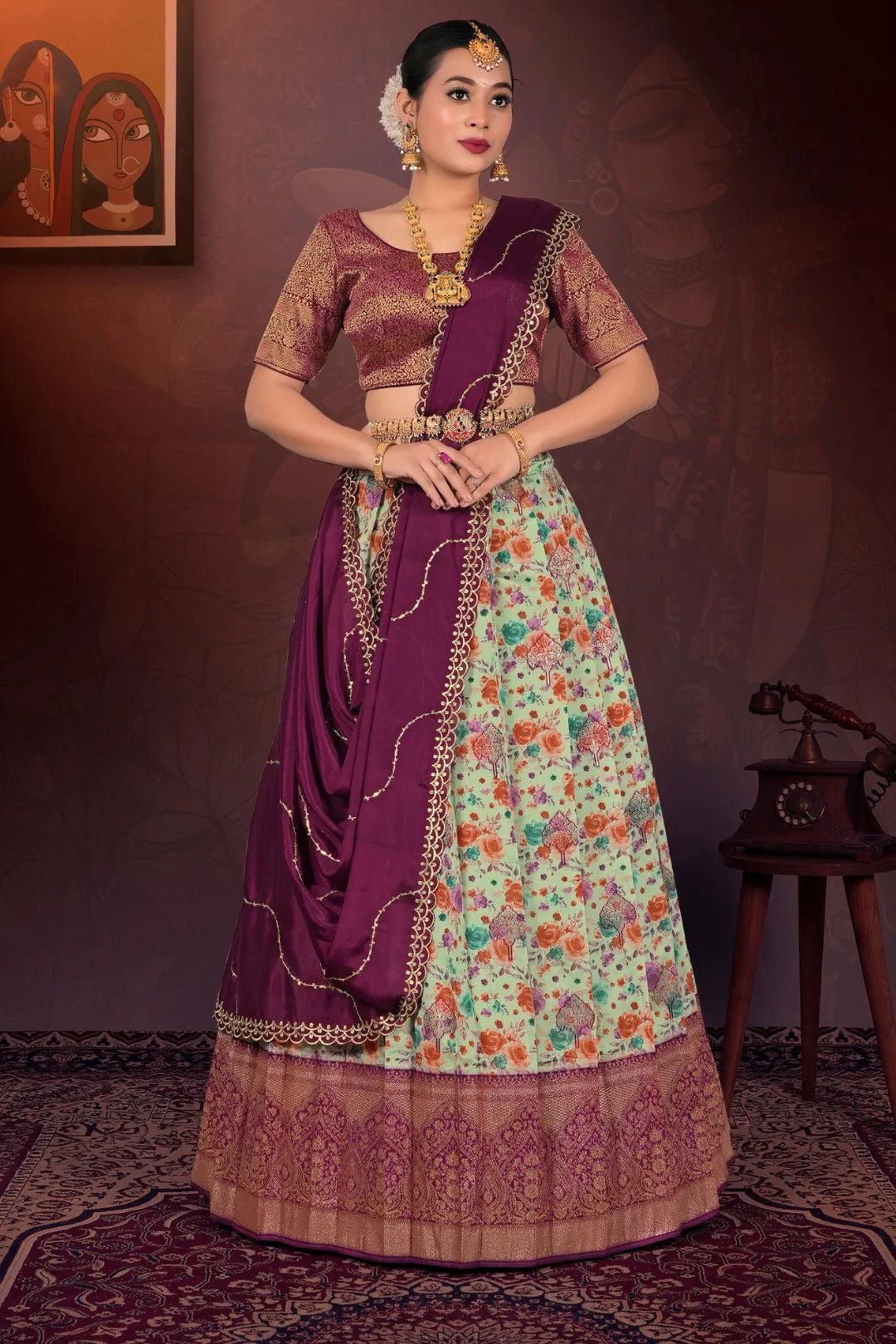Pista Digital Print Lehenga Choli In Tissue Silk Fabric - Gajiwala