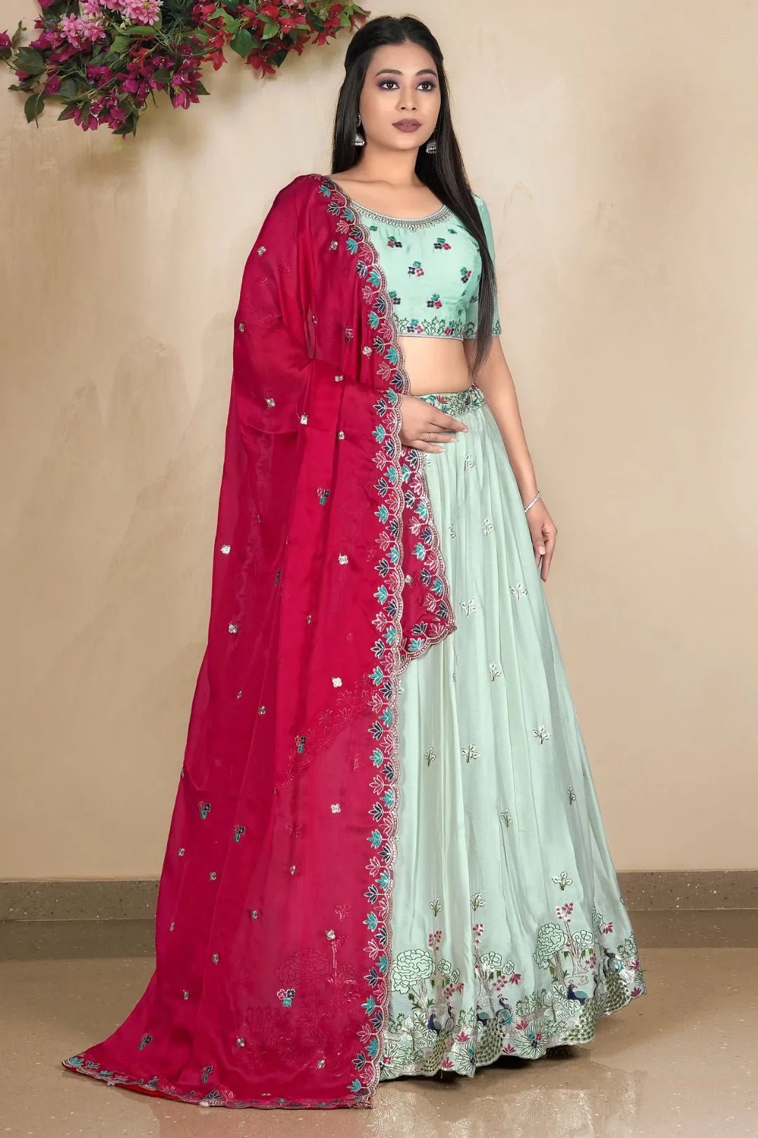 Pista Embroidered Lehenga Choli In Satin Chiffon Fabric - Gajiwala