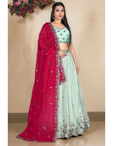 Pista Embroidered Lehenga Choli In Satin Chiffon Fabric - Gajiwala