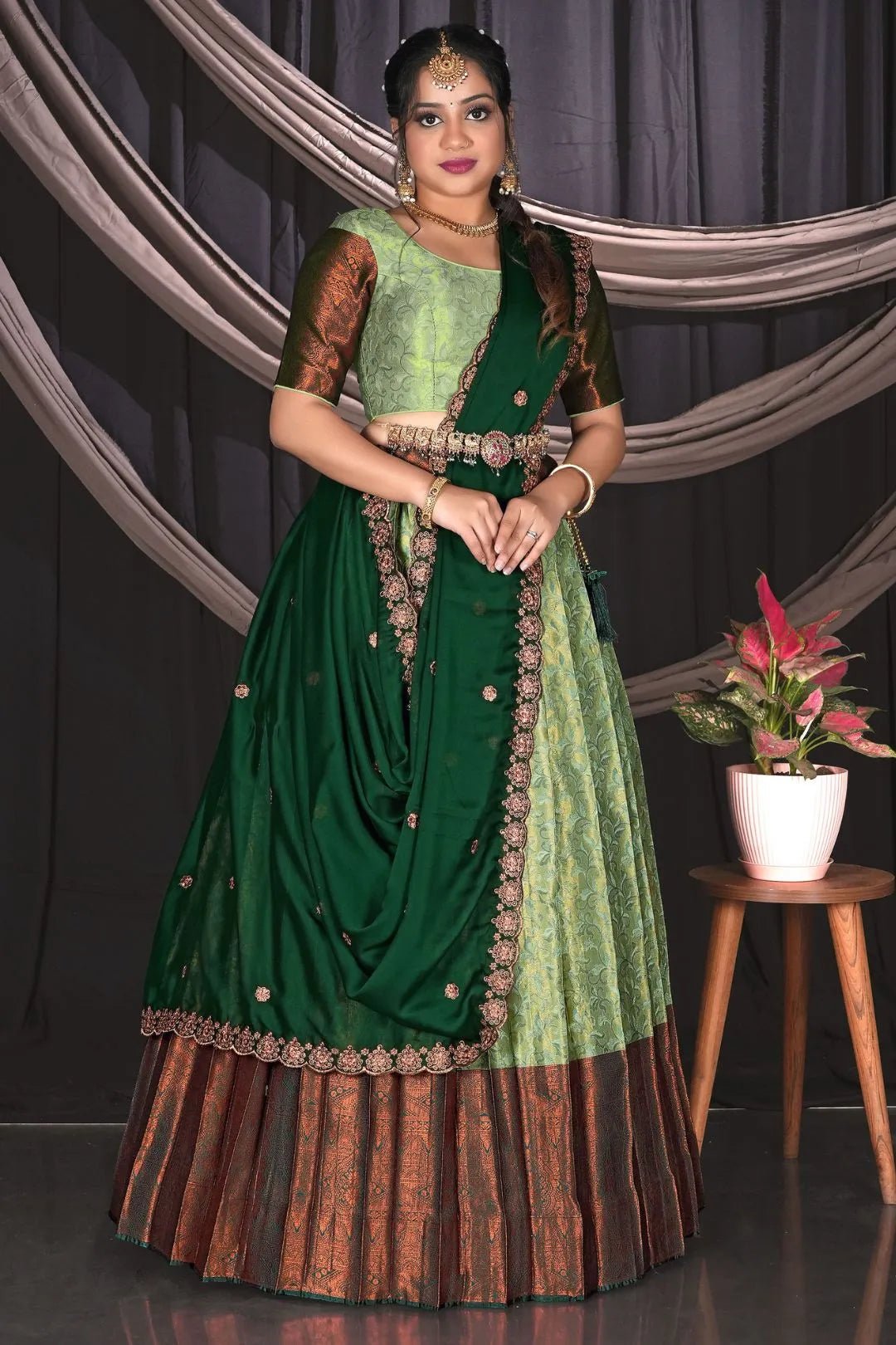 Pista Green Banarasi Half Saree With Zari Work - Gajiwala