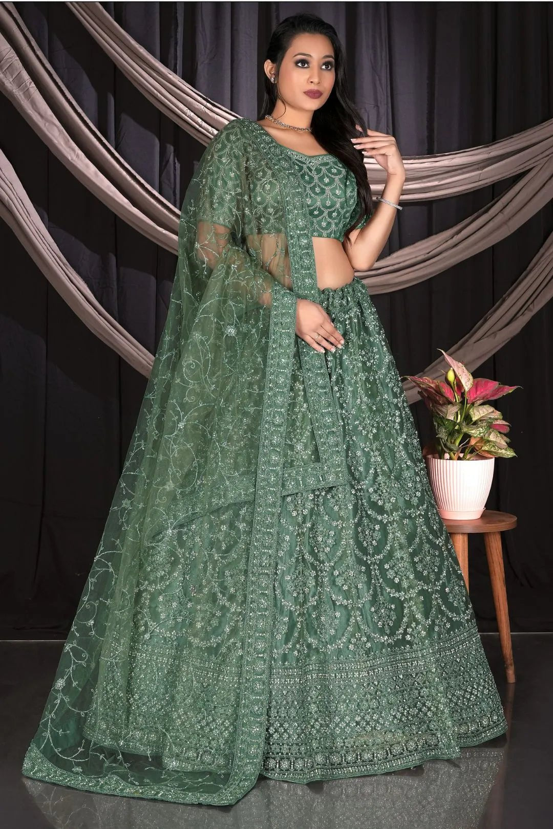 Pista Net Semi Stitch Embroidered Lehenga Choli For Women - Gajiwala