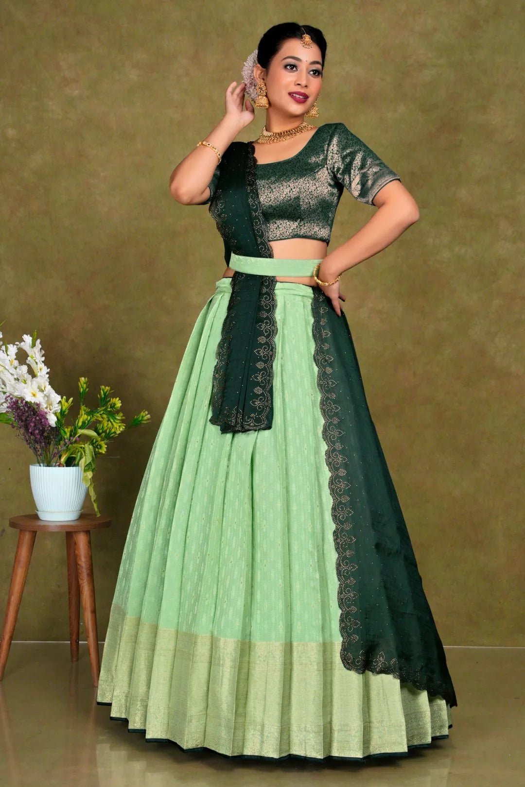 Pista Stylish Lehenga Choli With Zari Woven For Women - Gajiwala