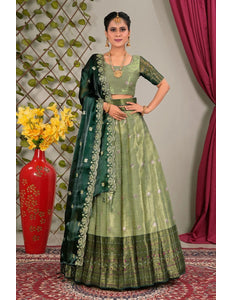Pista Zari Silk Semi - Stitched Lehenga For Women - Gajiwala