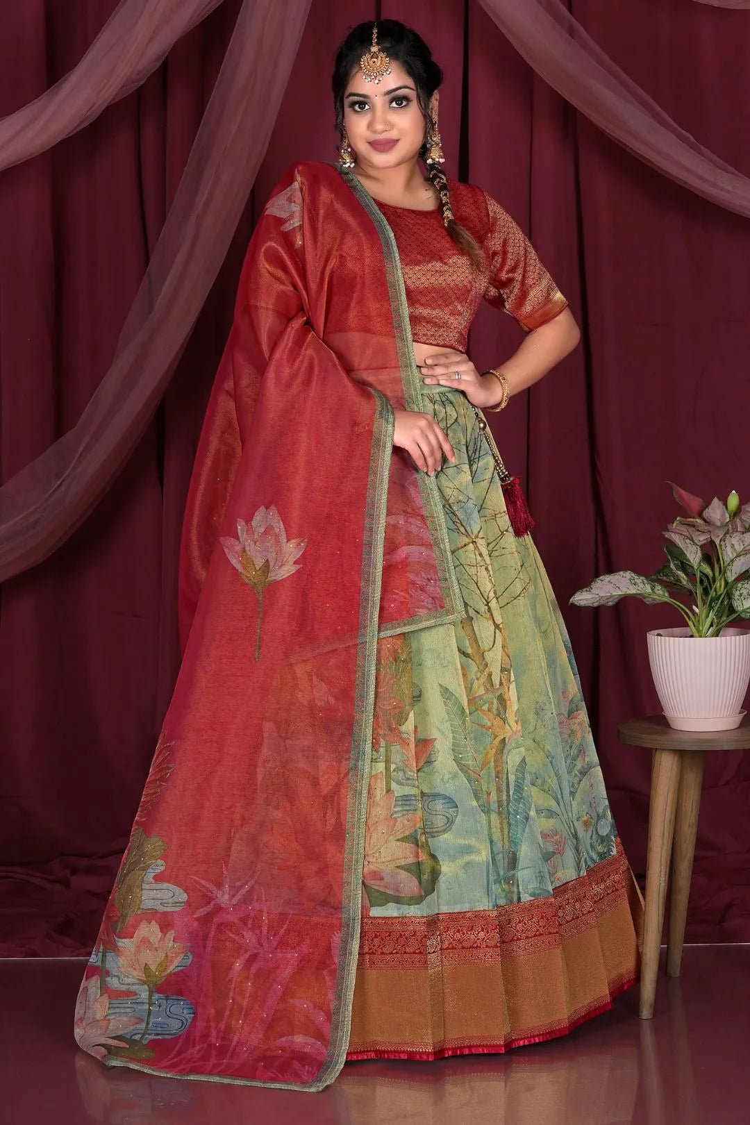 Pista Zari Work Tissue Silk Half Saree For Women - Gajiwala