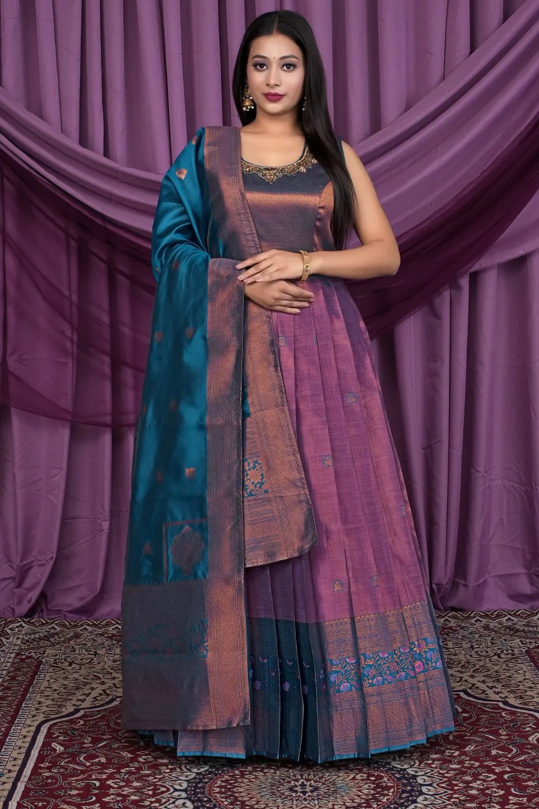Purple Designer Banarasi Gown With Dupatta - Gajiwala