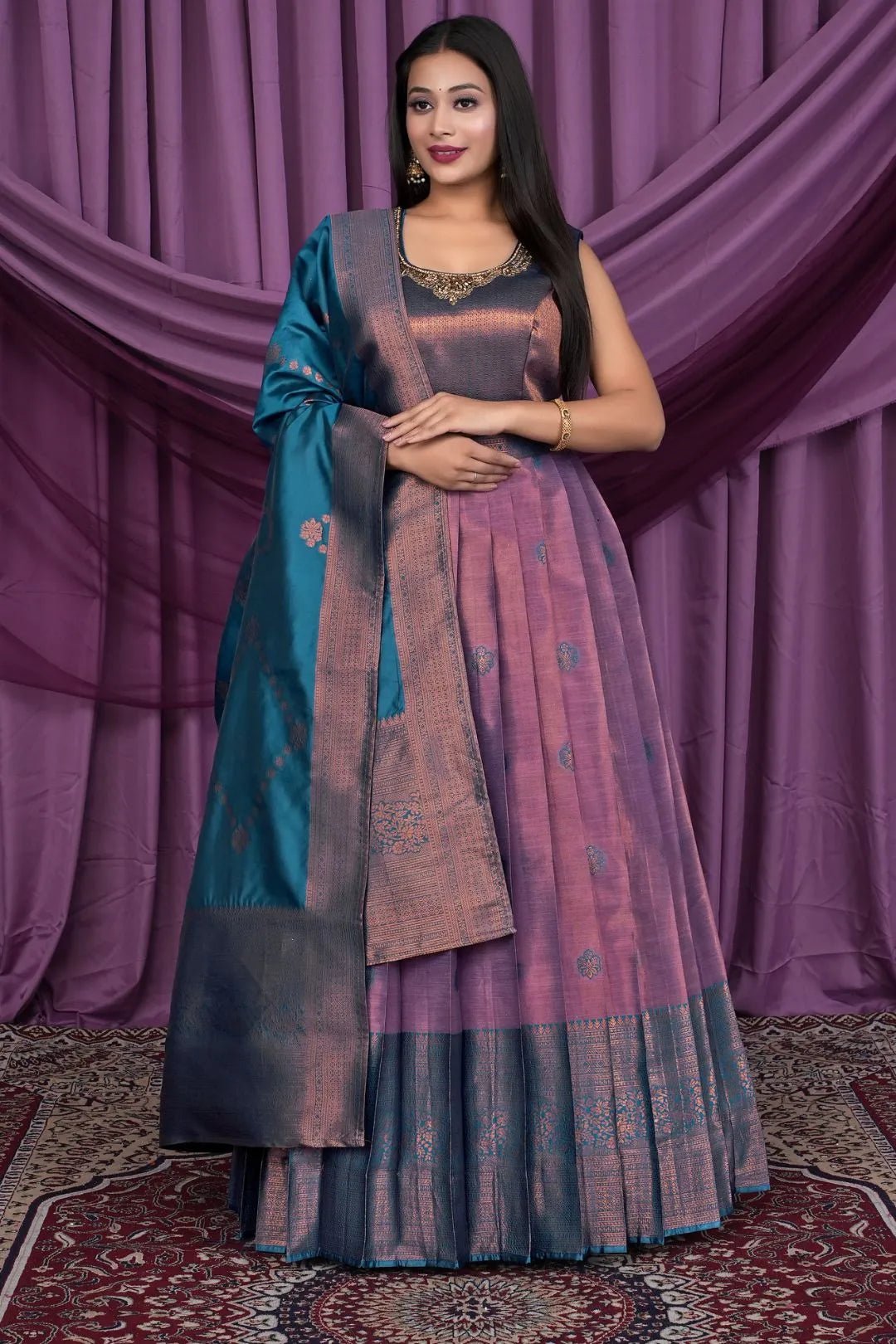 Purple Designer Banarasi Silk Gown With Dupatta - Gajiwala