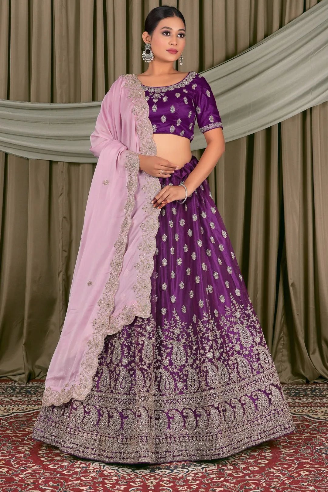 Purple Embroidered Bridesmaid Lehenga Choli In Net - Gajiwala