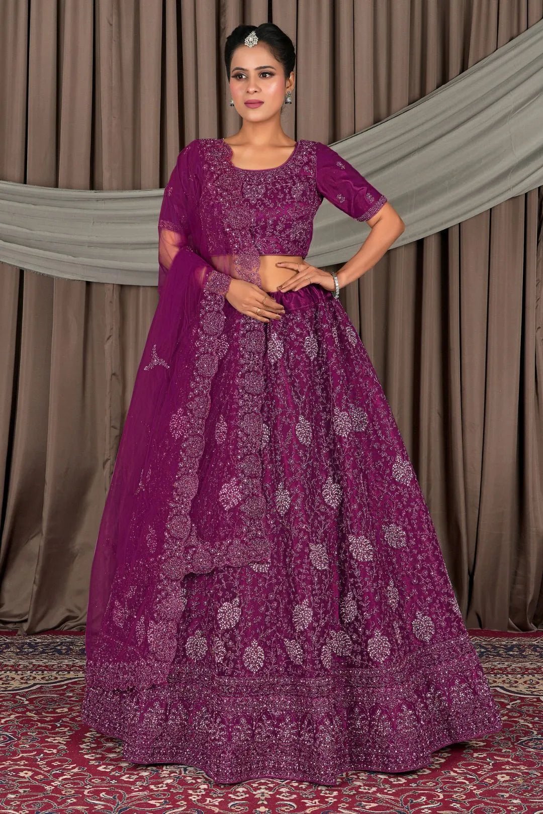 Purple Embroidered Bridesmaid Lehenga Choli In Net - Gajiwala