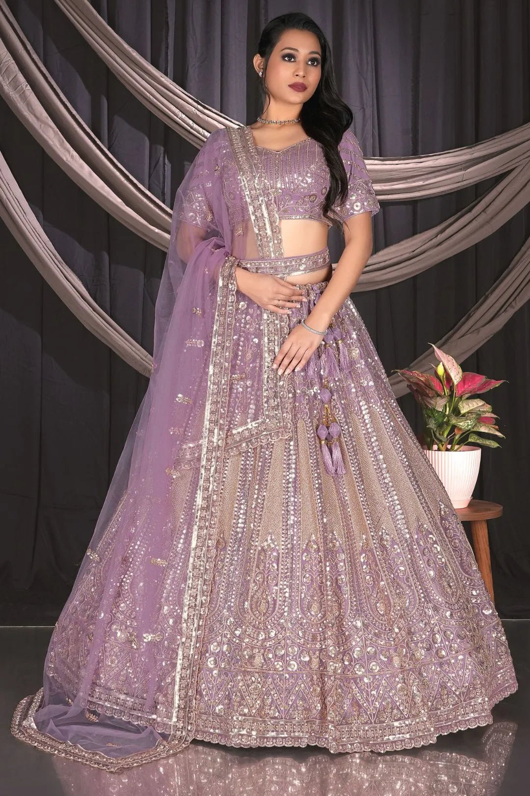 Purple Embroidered Net Chaniya Choli For Women - Gajiwala