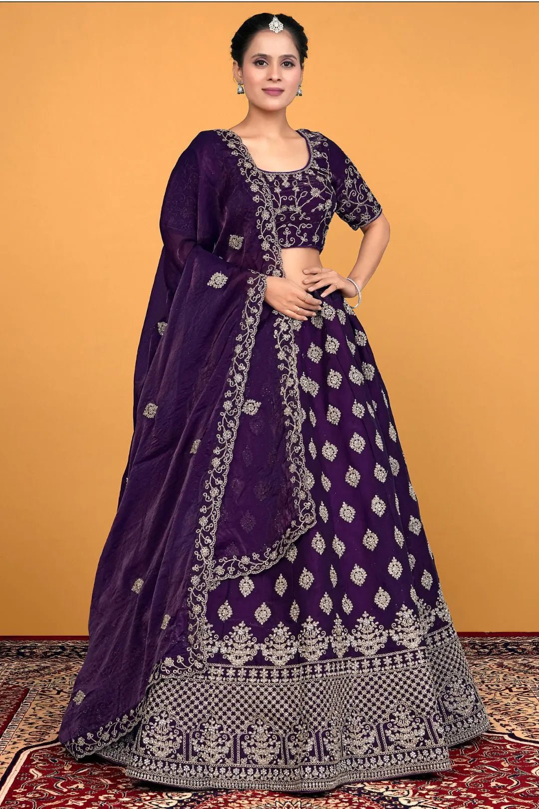 Purple Fendy Silk Embroidered Semi - Stitched Lehenga Choli - Gajiwala