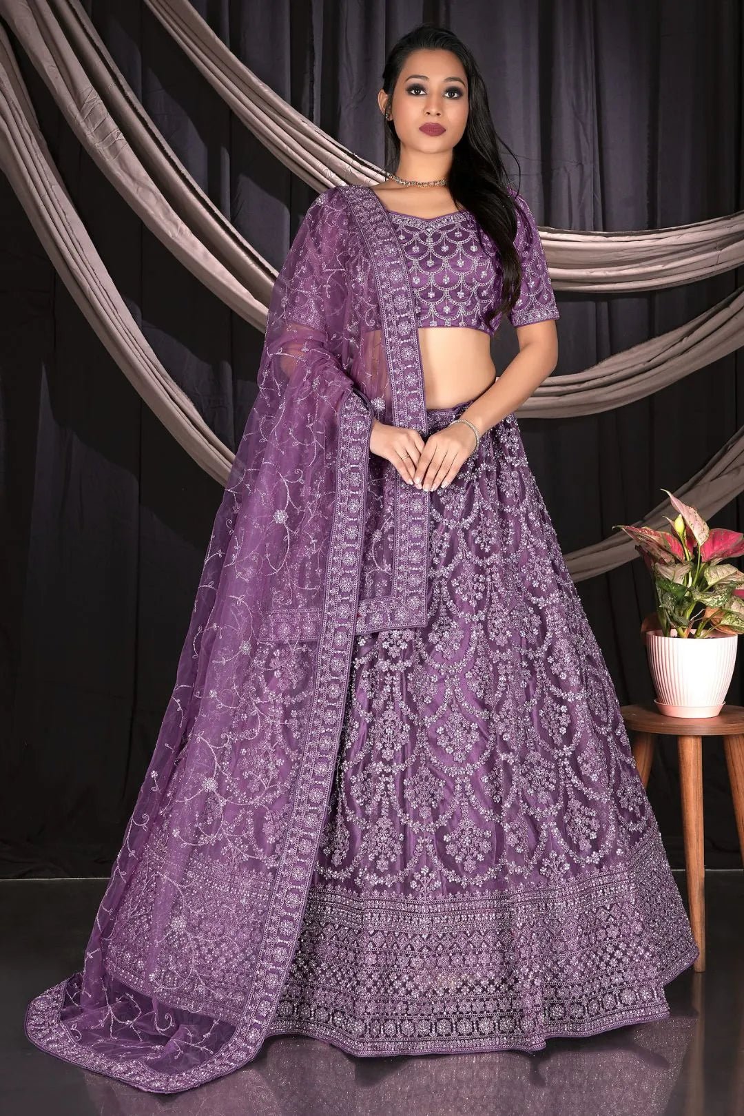 Purple Net Semi Stitch Embroidered Lehenga Choli For Women - Gajiwala