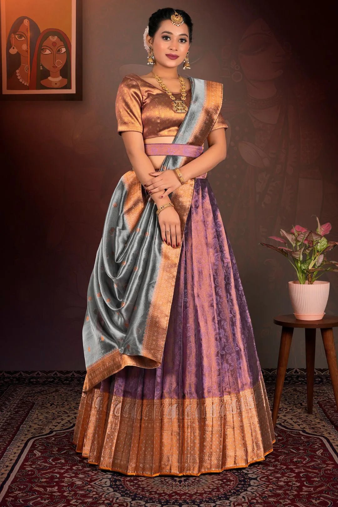 Purple Pure Two Tone Zari Tissue Lehenga Choli with Zari Work - Gajiwala