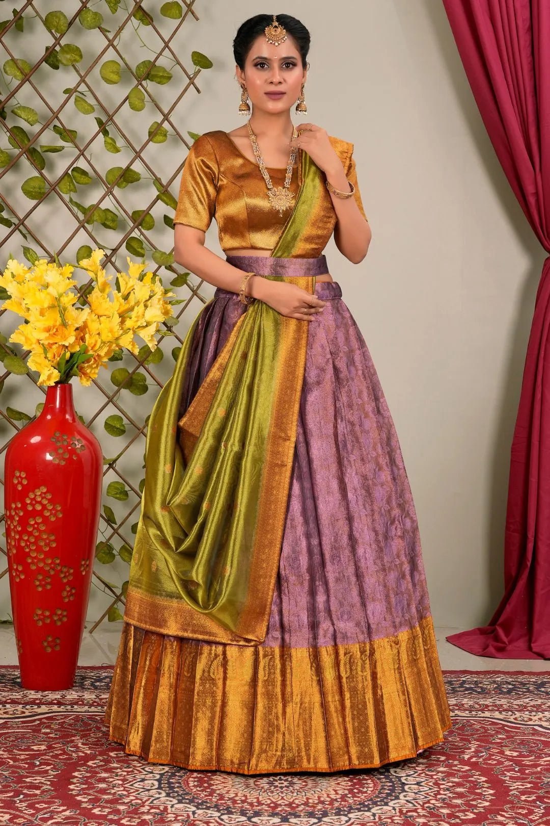 Purple Pure Two Tone Zari Tissue Pattu Lehenga Choli - Gajiwala