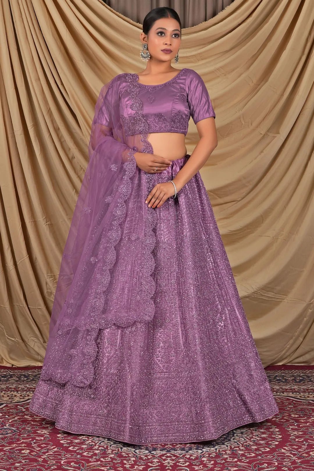 Purple Sequins Embroidered Net Lehenga Choli - Gajiwala