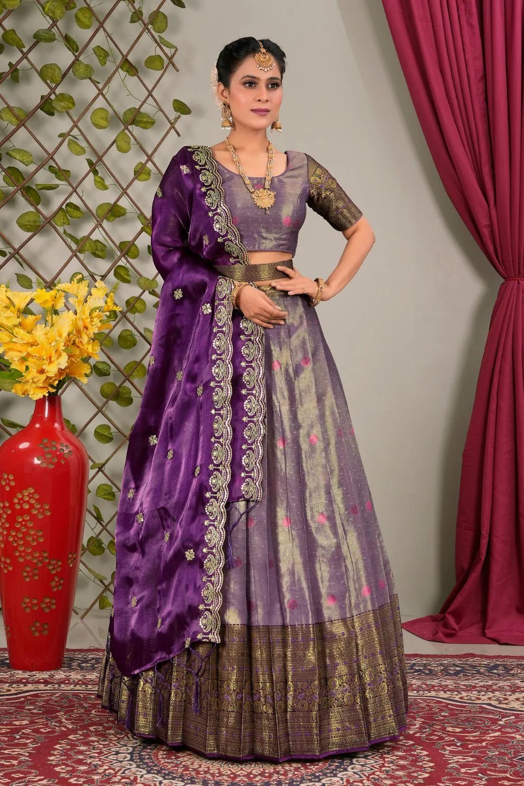 Purple Zari Silk Semi - Stitched Lehenga For Women - Gajiwala