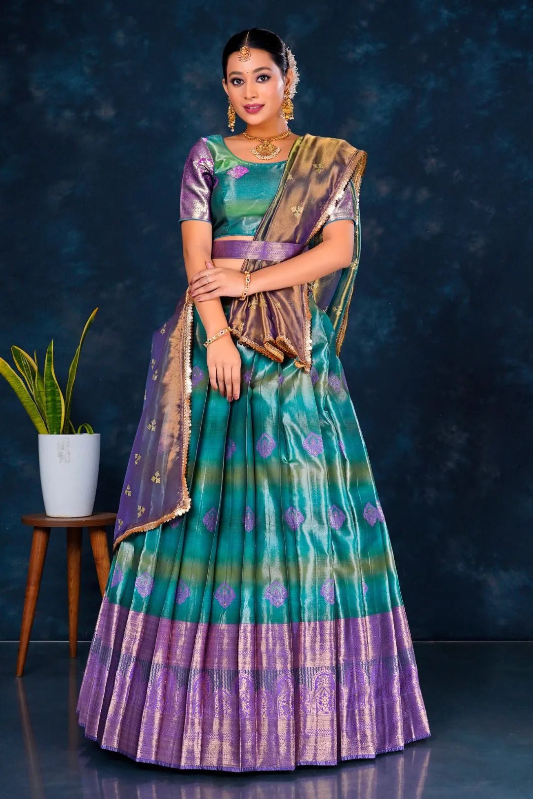 Rama Banarasi Designer Half Saree For Women - Gajiwala