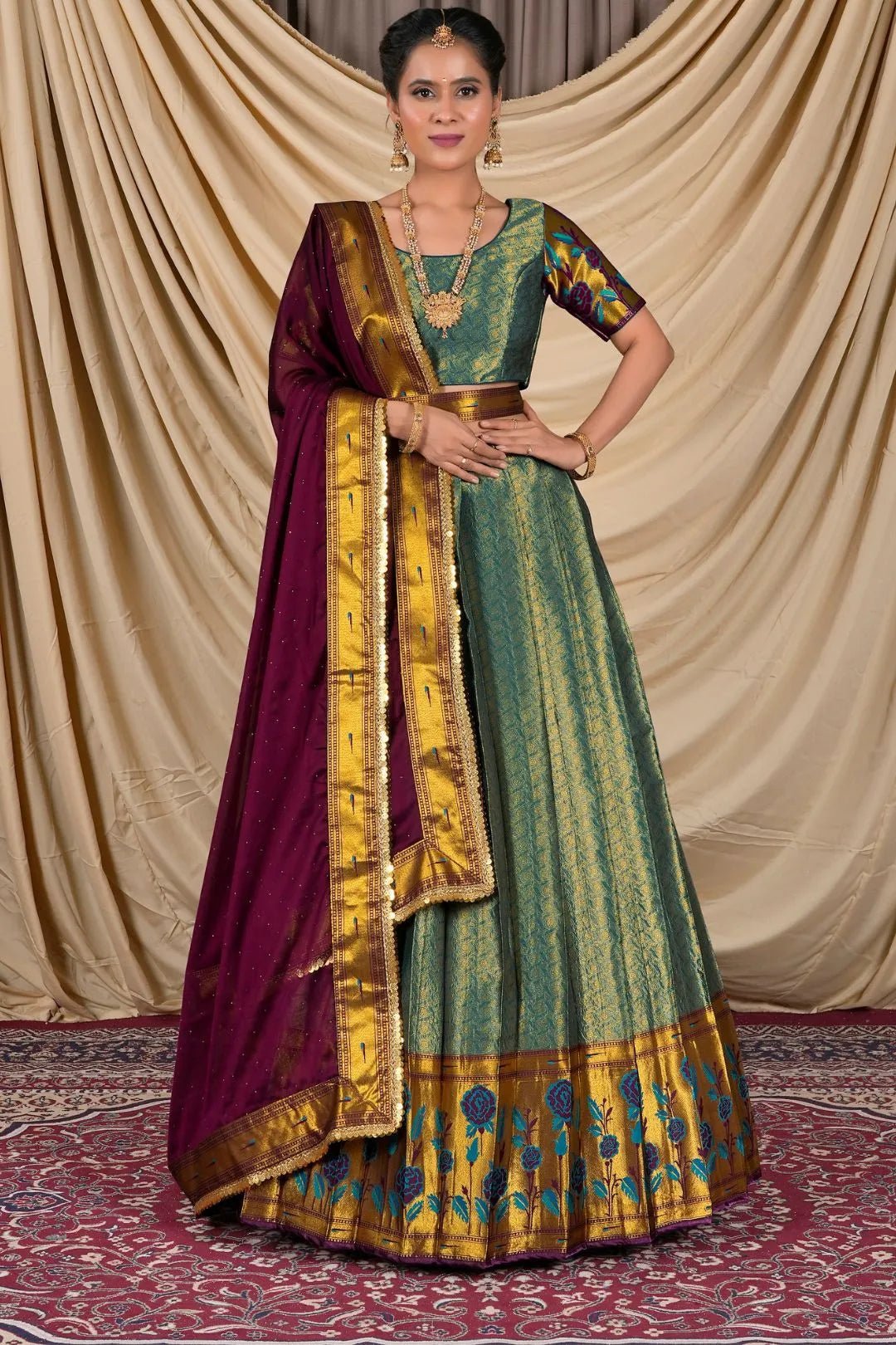 Rama Banarasi Silk Lehenga Choli For Women - Gajiwala