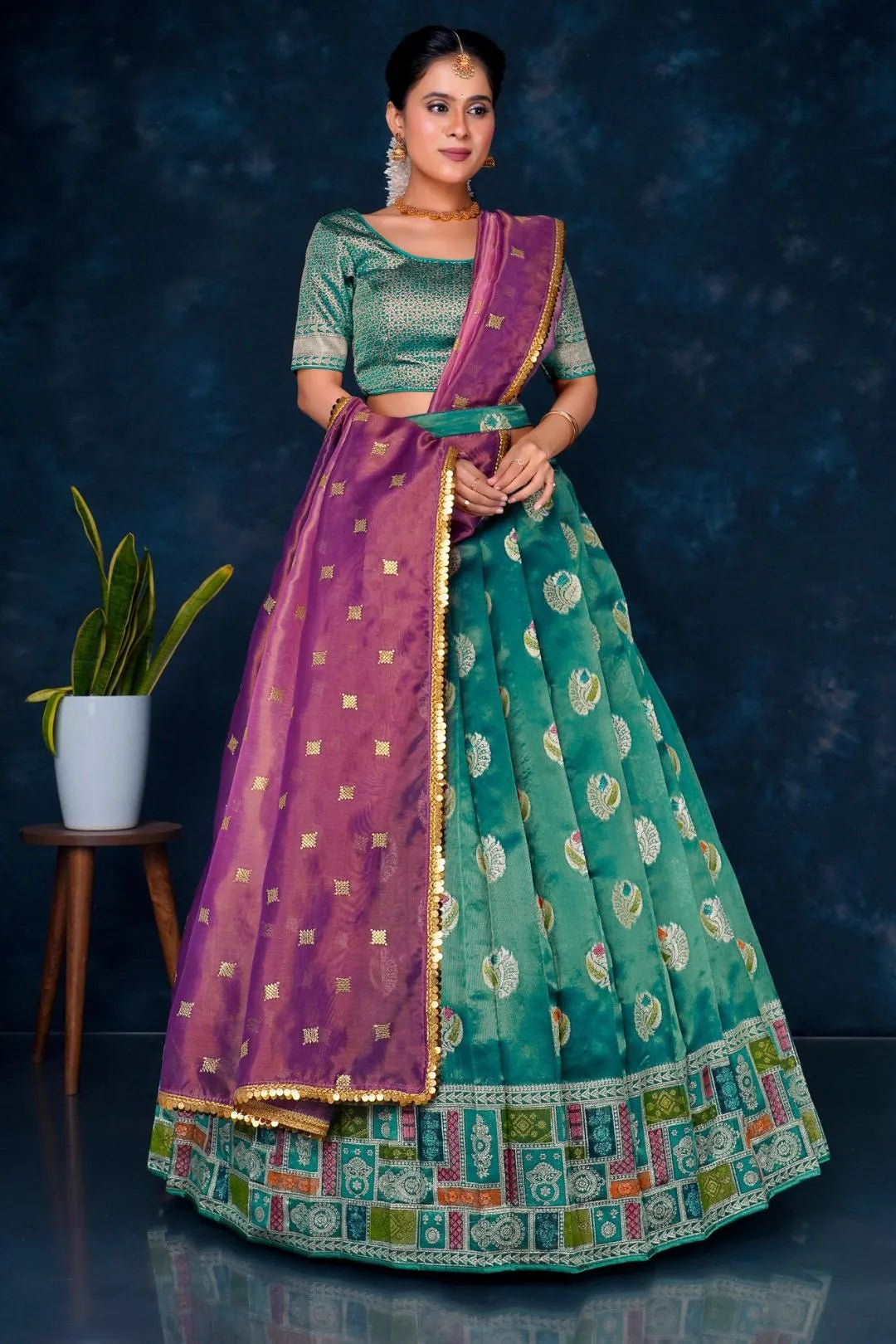 Rama Digital Print Banarasi Half Saree Set For Women - Gajiwala