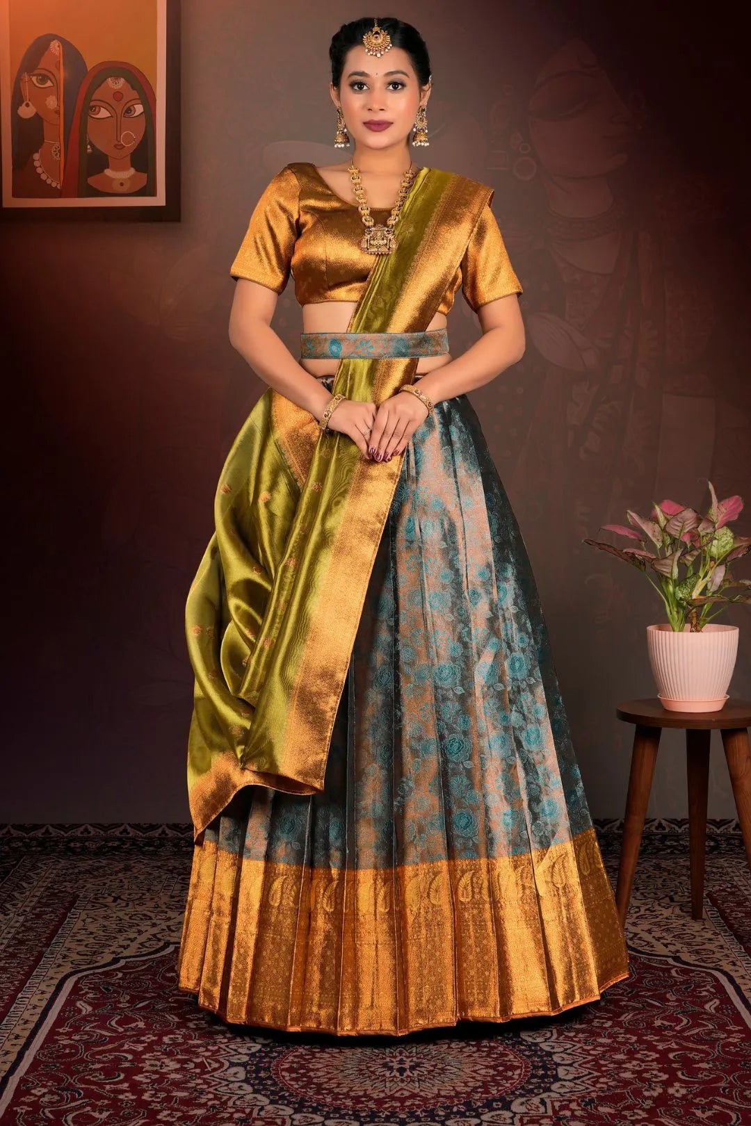 Rama Pure Two Tone Zari Tissue Lehenga Choli with Zari Work - Gajiwala