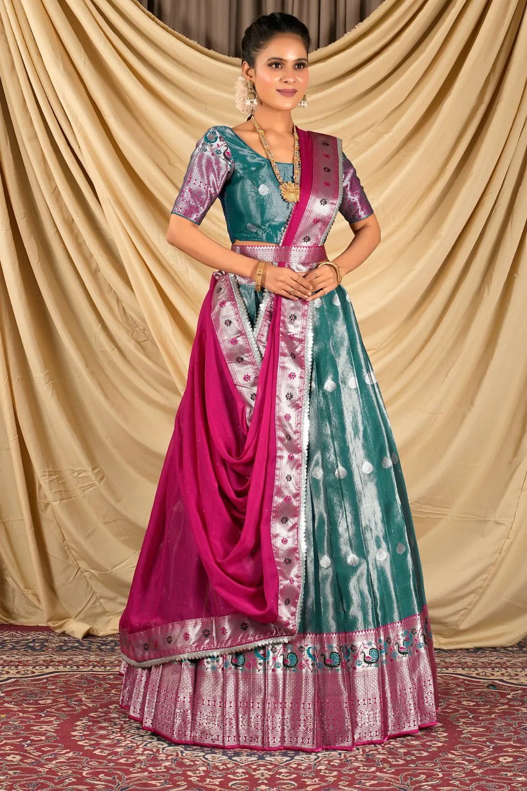 Rama Zari Banarasi Silk Half Saree For Women - Gajiwala