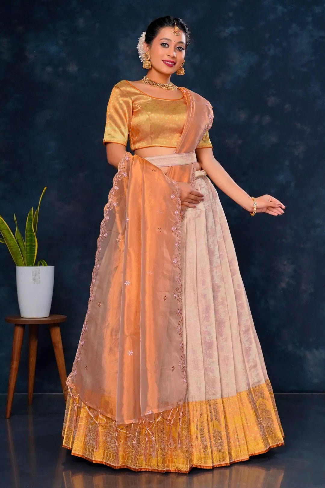 Rust Pure Tissue Silk Half Saree with Zari Weaving - Gajiwala