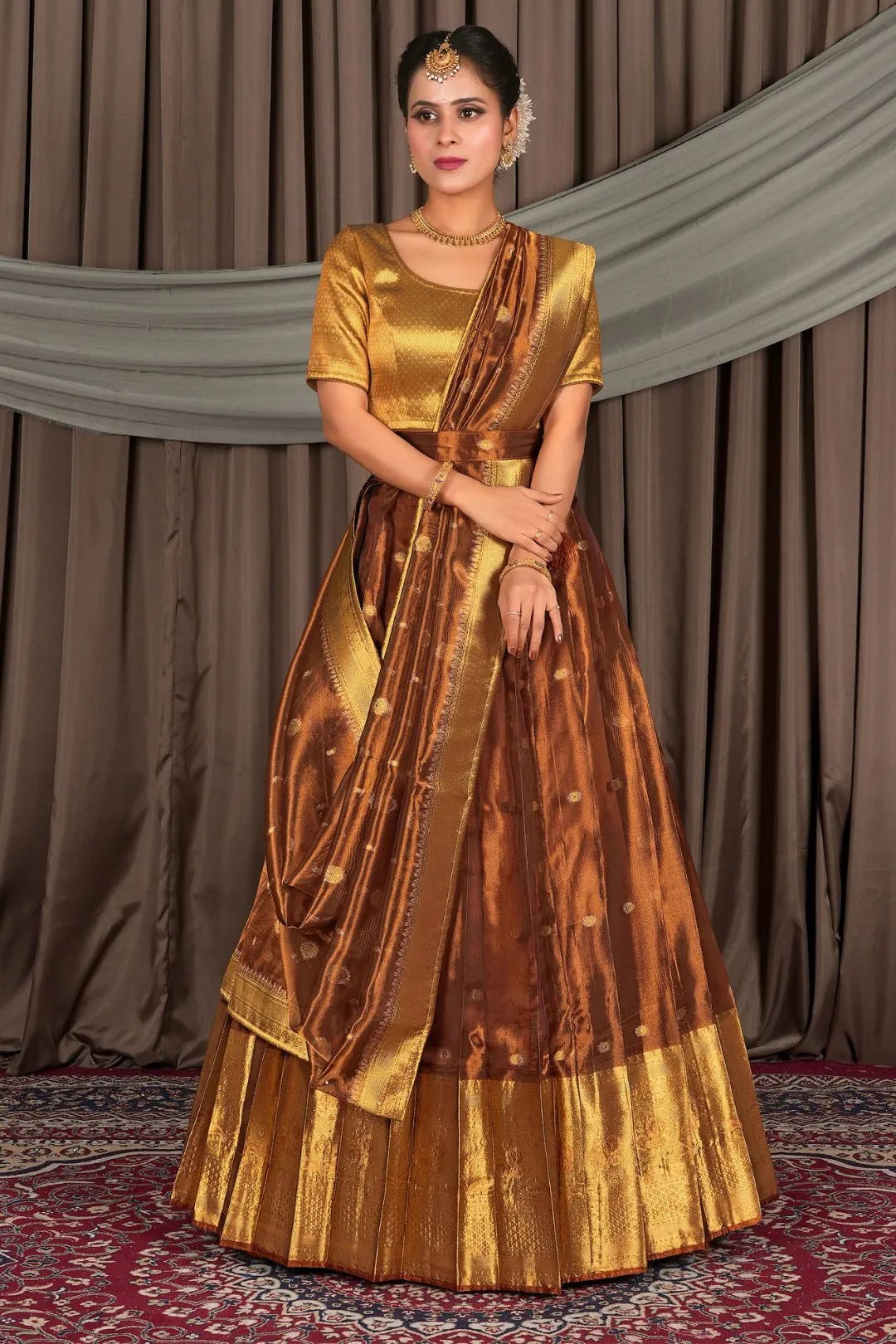 Rust Tissue Silk Zari Work Lehenga For Women - Gajiwala