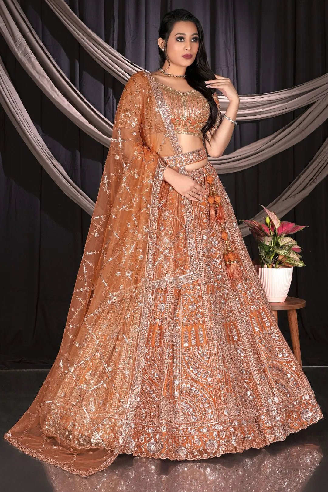 Rust Traditional Net Lehenga Choli With Dupatta - Gajiwala