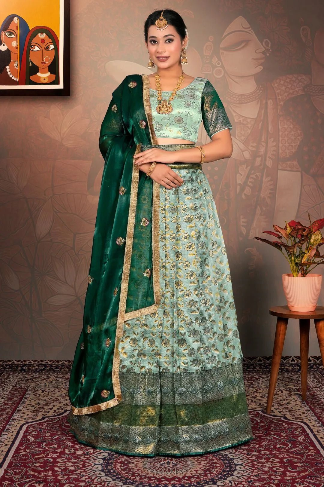 Sea Green Banarasi Jacquard Silk Lehenga Choli for Women - Gajiwala