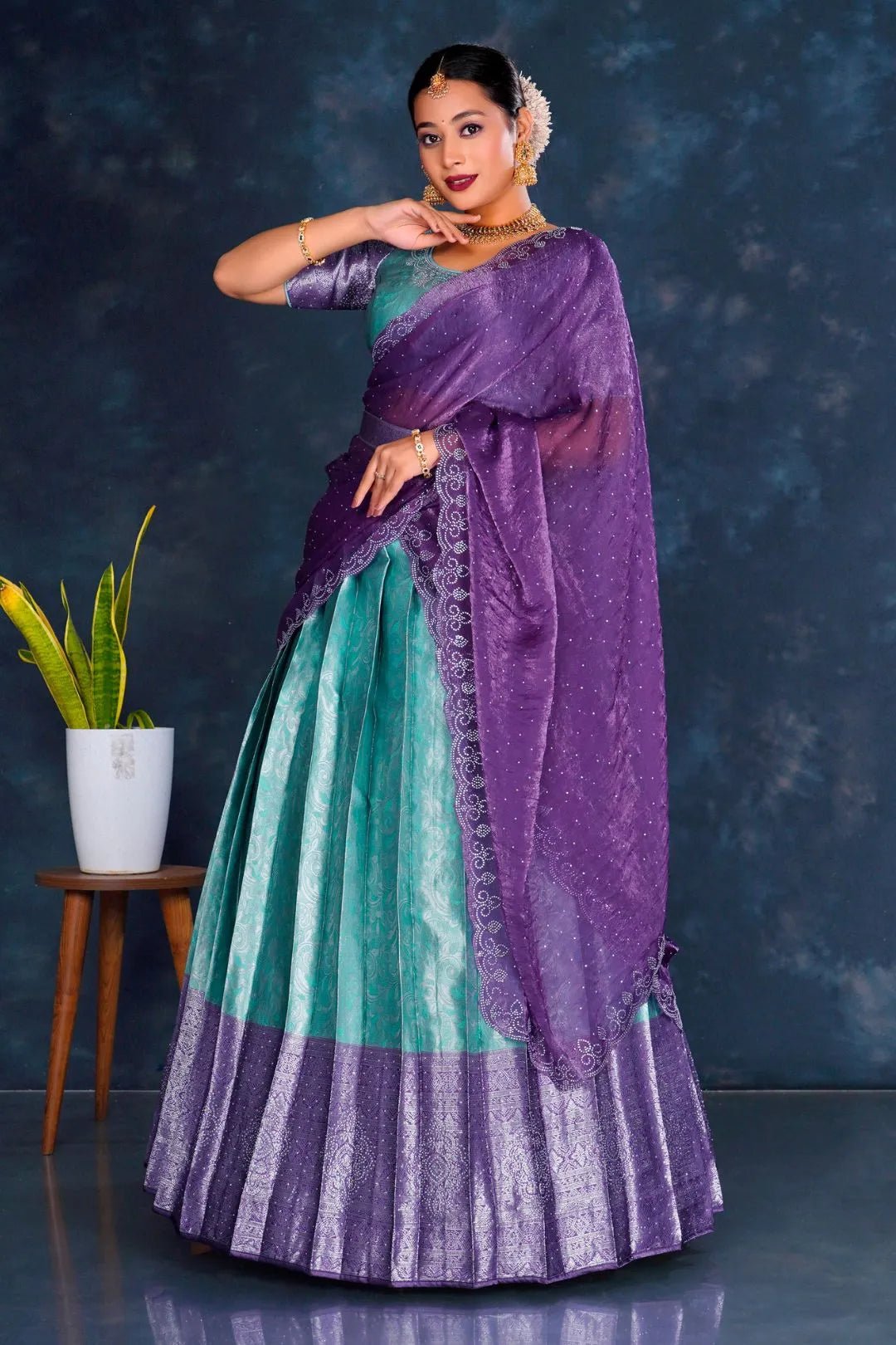 Sea Green Banarasi Lehenga Choli Set For Women - Gajiwala