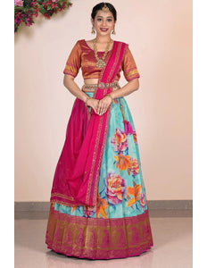 Sea Green Banarasi Lehenga Choli With Digital Print - Gajiwala