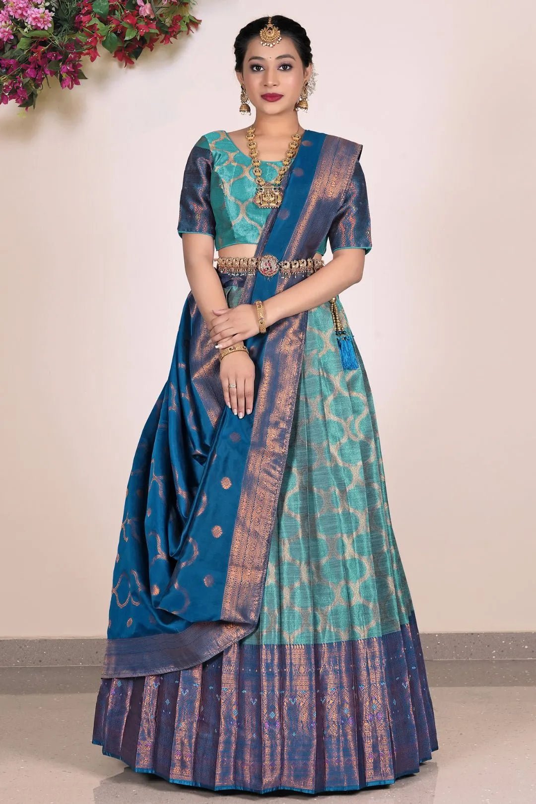 Sea Green Banarasi Silk Half Saree Lehenga For Women - Gajiwala