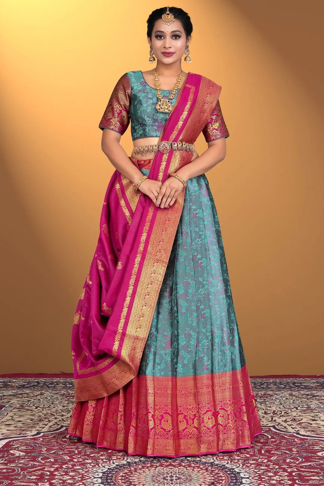 Sea Green Banarasi Zari Silk Half Saree For Women - Gajiwala