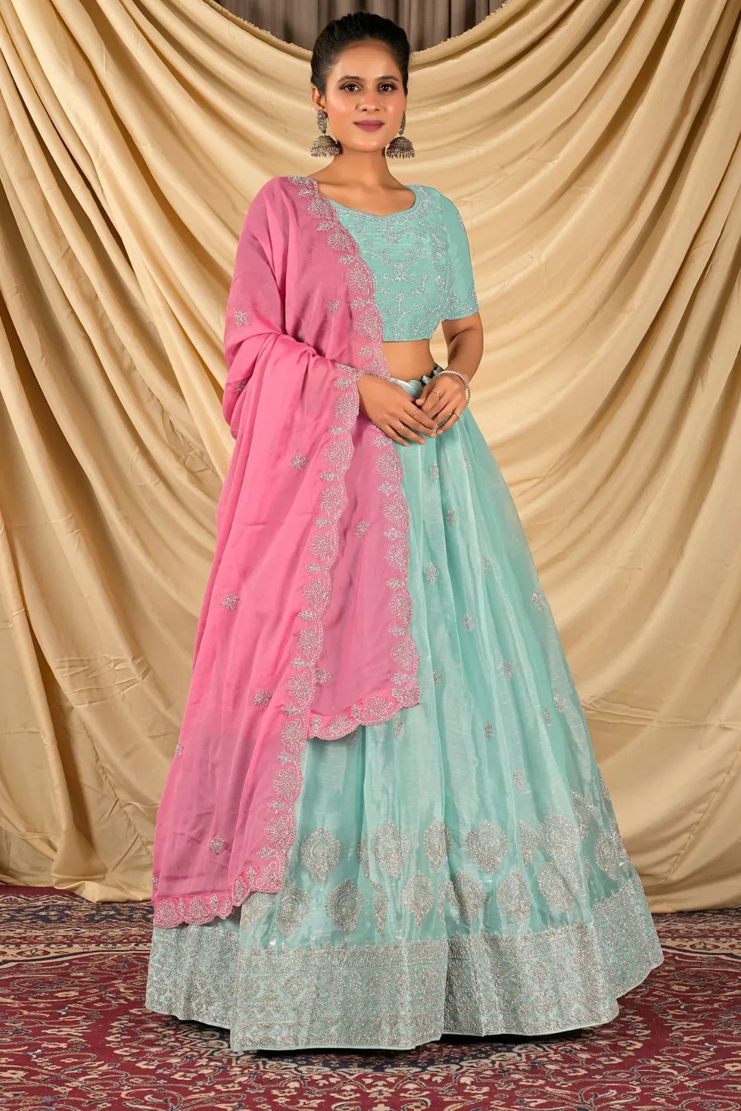 Sea Green Barbery Silk Lehenga Choli With Rangoli Dupatta - Gajiwala