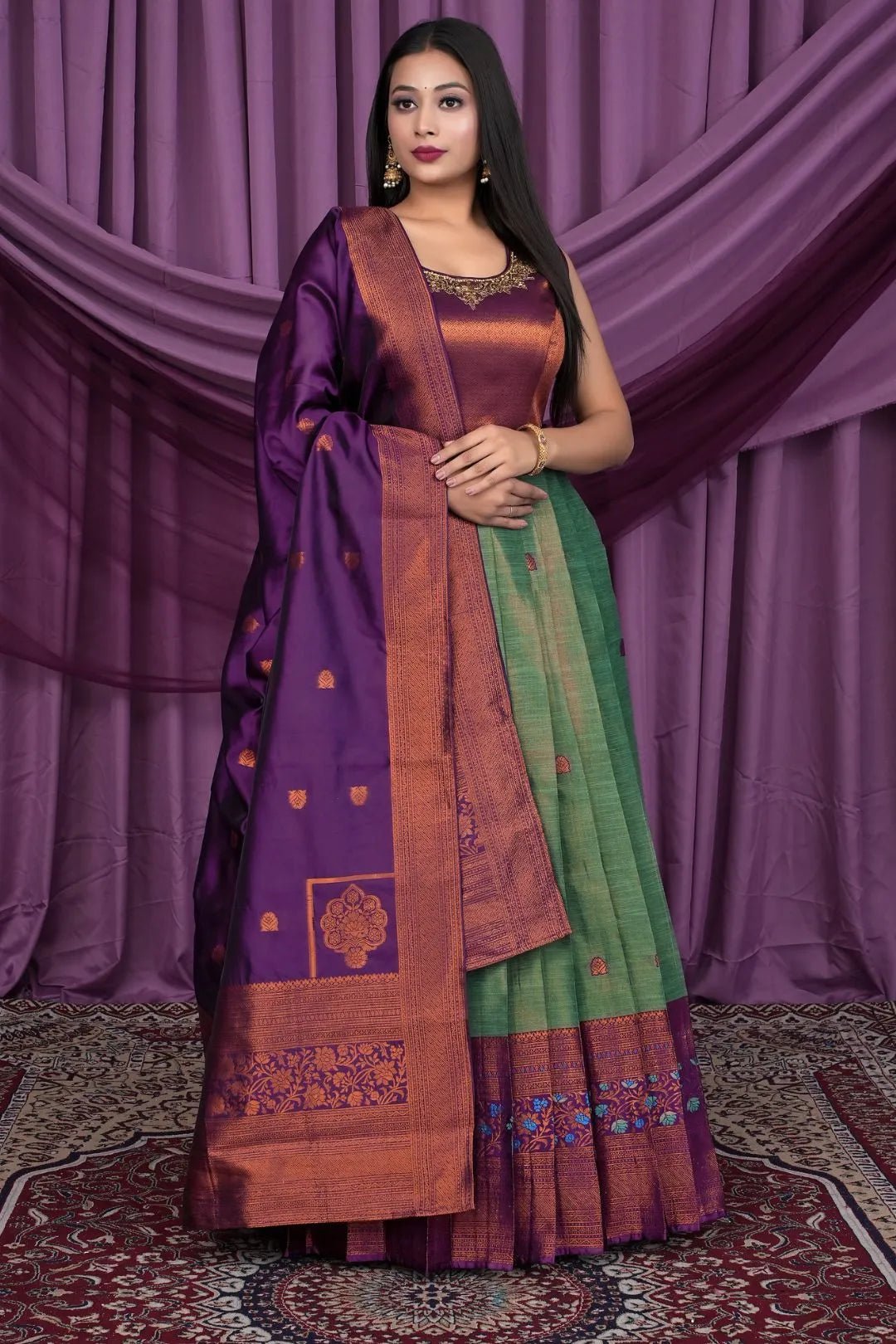 Sea Green Designer Banarasi Gown With Dupatta - Gajiwala