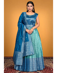 Sea Green Designer Banarasi Gown With Dupatta - Gajiwala