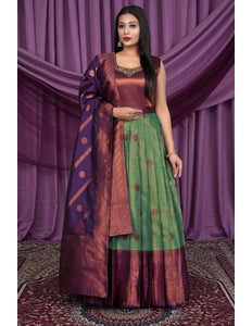 Sea Green Designer Banarasi Silk Gown With Dupatta - Gajiwala