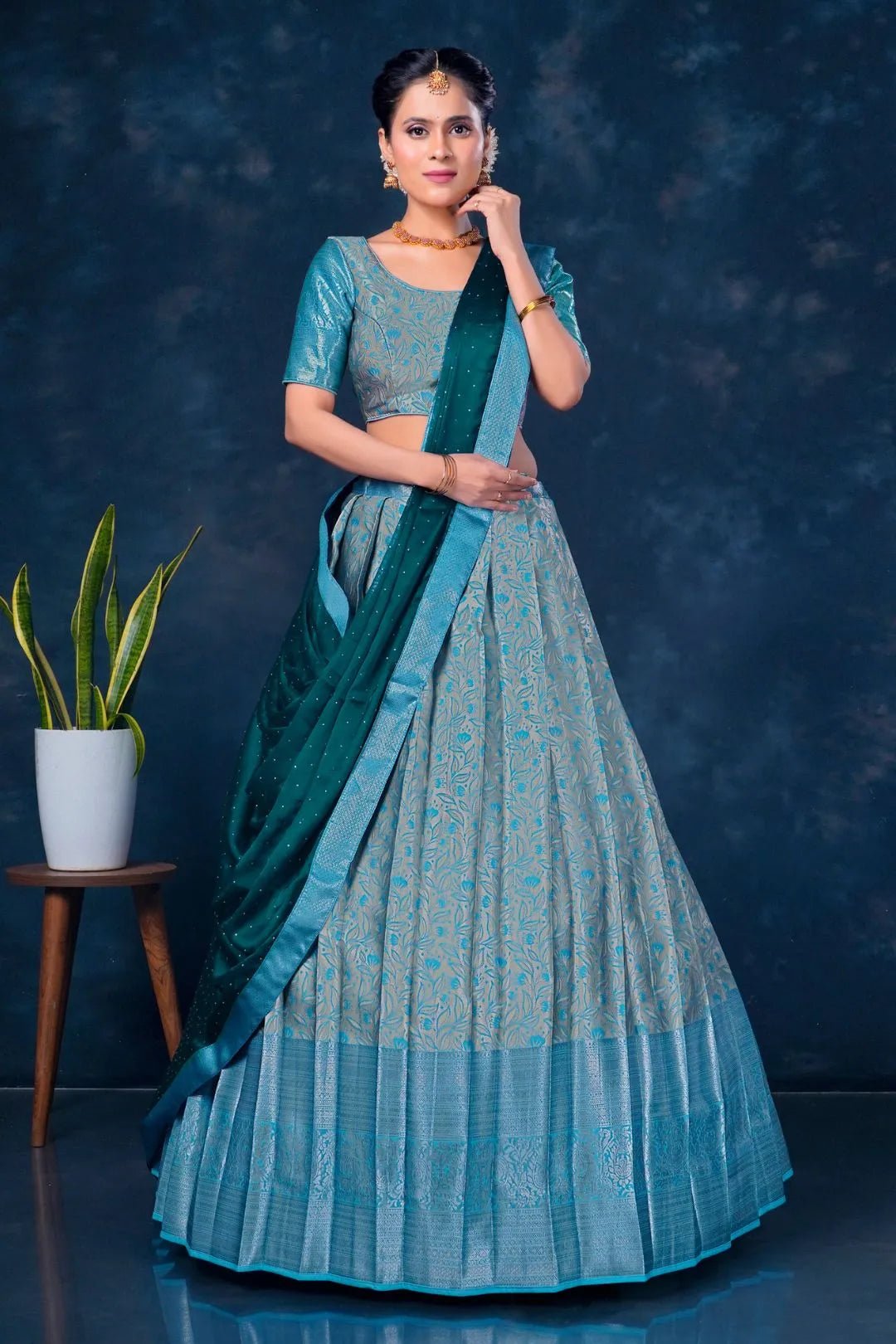 Sea Green Designer Lehenga Choli in Banarasi Silk - Gajiwala