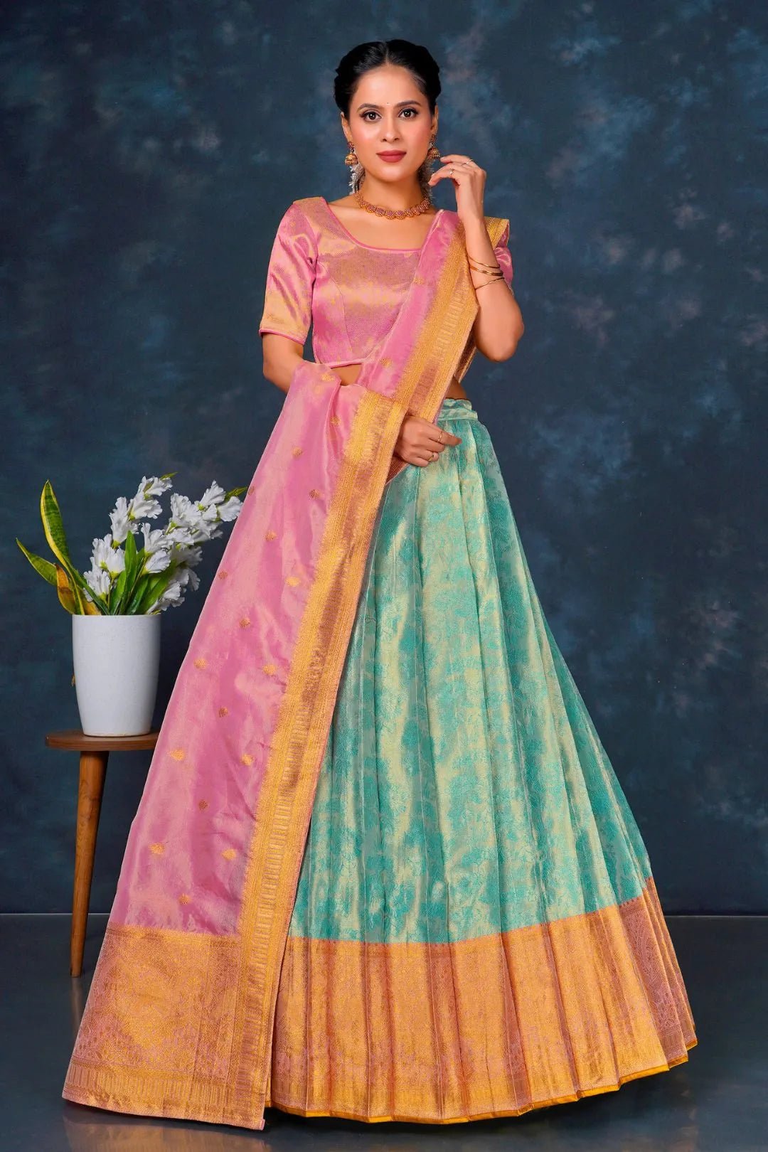 Sea Green Designer Lehenga Choli in Tissue Silk For Women - Gajiwala