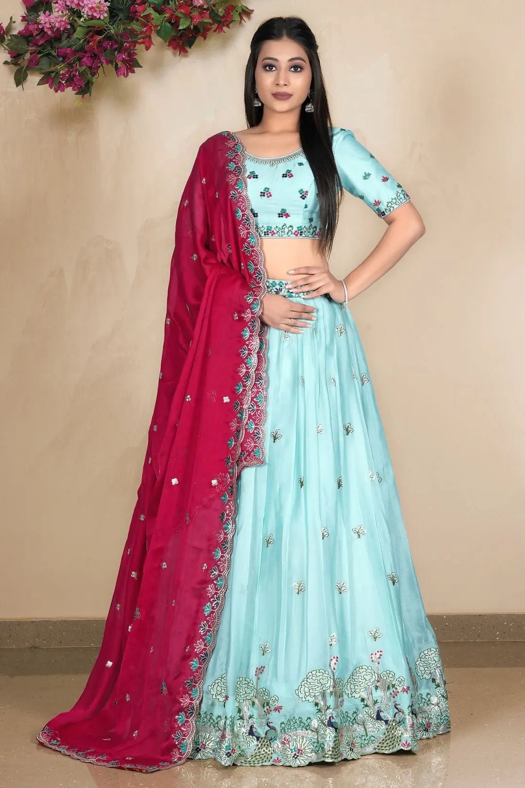 Sea Green Embroidered Lehenga Choli In Satin Chiffon Fabric - Gajiwala