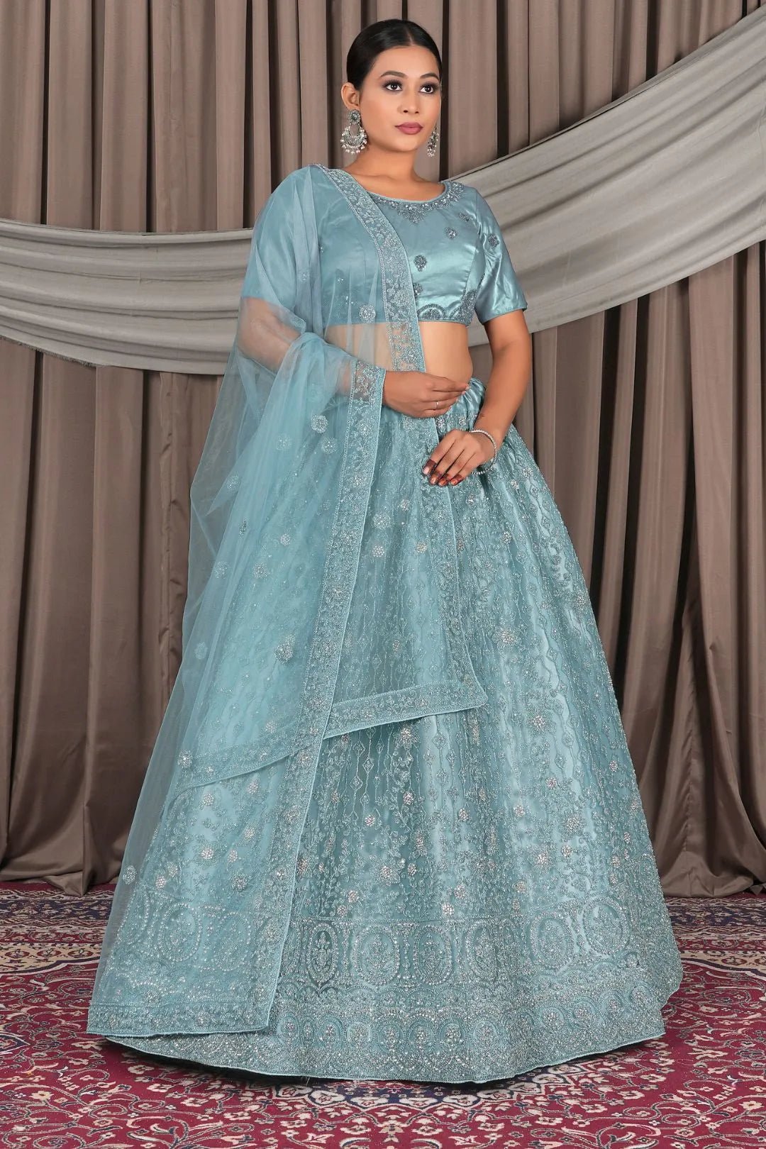 Sea Green Embroidery Work Net Lehenga Choli - Gajiwala