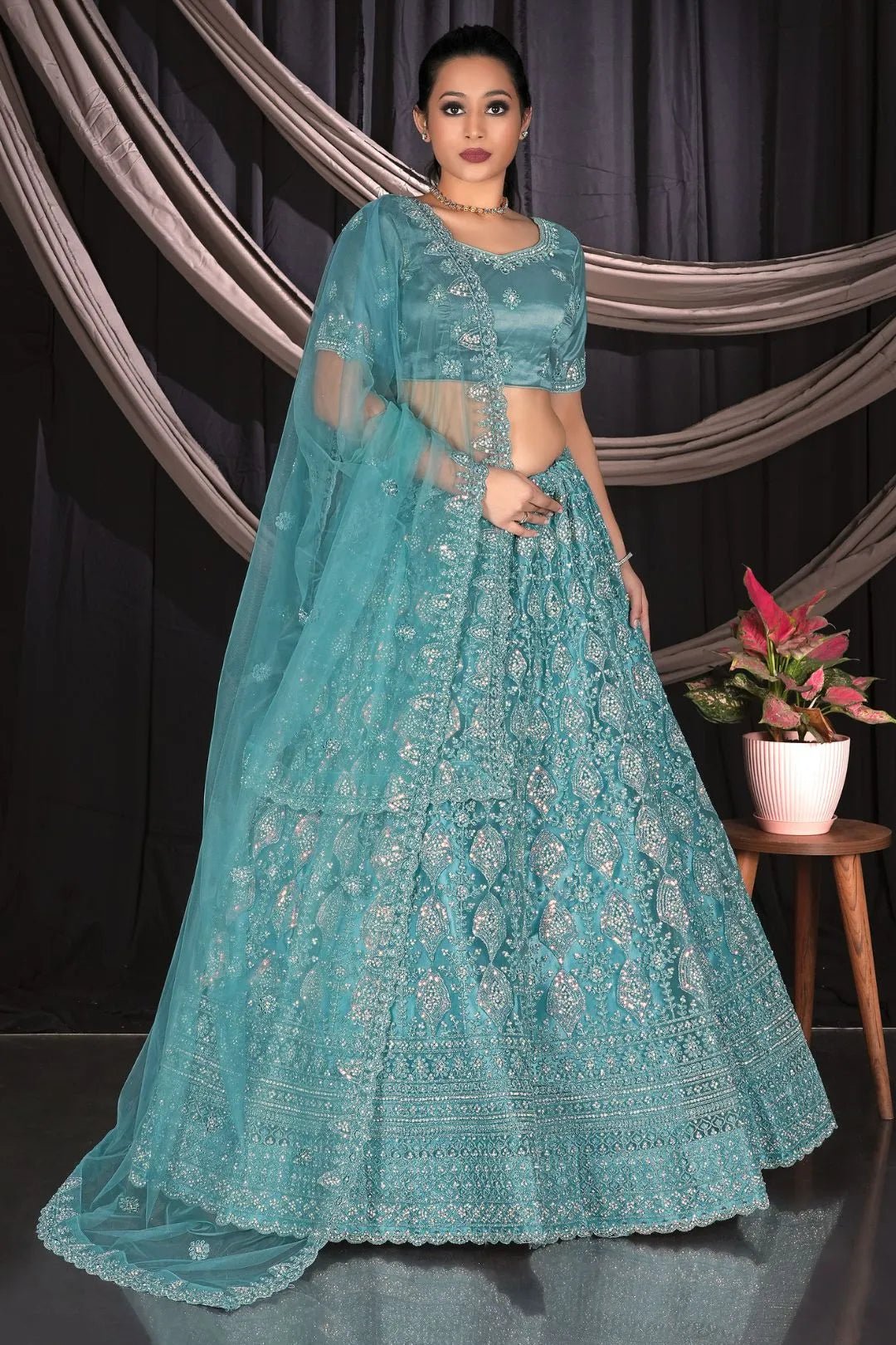 Sea Green Exclusive Net Lehenga Choli With Embroidered Work - Gajiwala