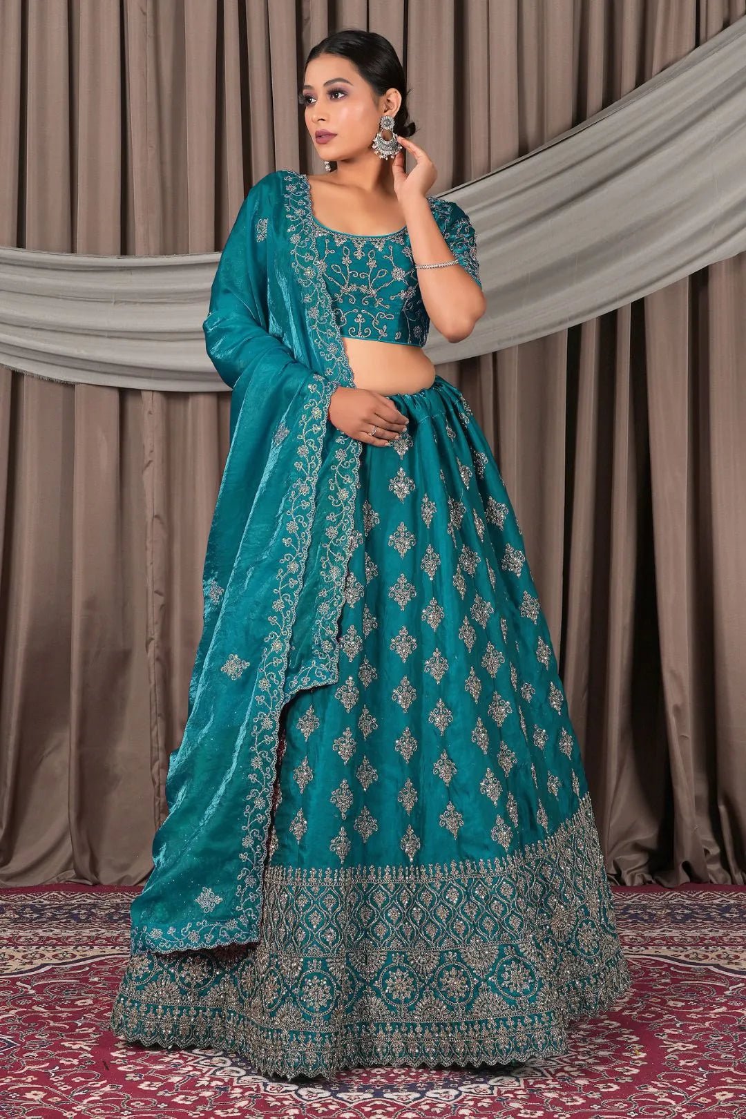 Sea Green Fendy Silk Semi - Stitched Lehenga For Women - Gajiwala