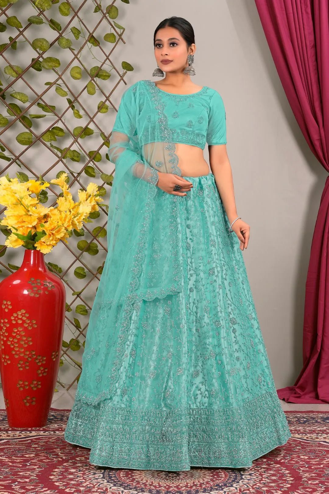 Sea Green Latest Net Lehenga Choli Set Wedding - Gajiwala