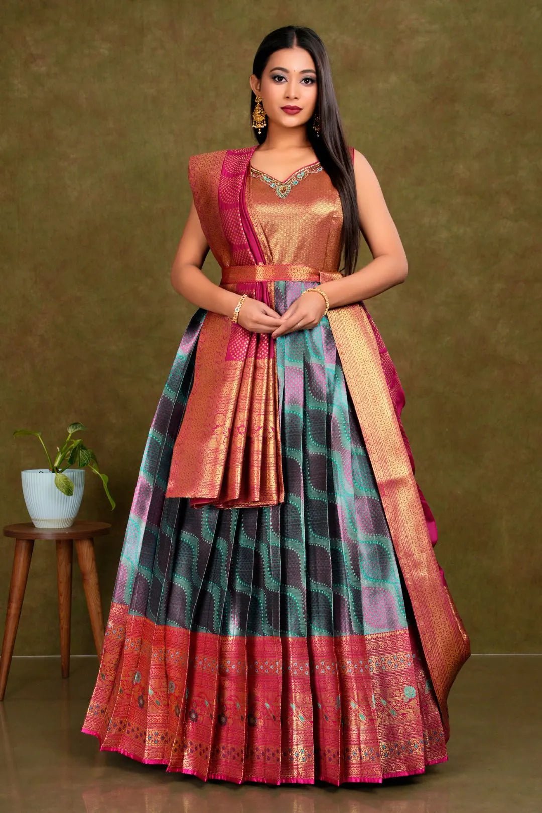 Sea Green Long Banarasi Silk Gown With Dupatta - Gajiwala