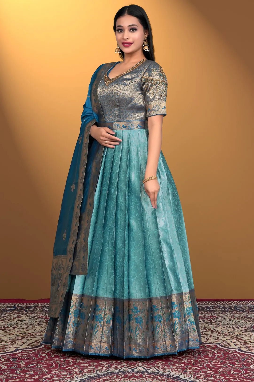 Sea Green Long Gown Banarasi Silk Zari Weaving - Gajiwala