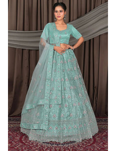Sea Green Net Lehenga Choli With Embroidery Work - Gajiwala