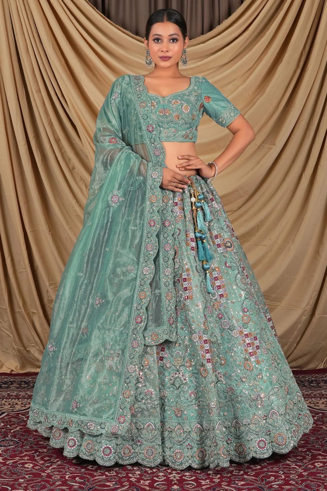 Sea Green Party Wear Embroidered Twill Net Lehenga Choli For Women - Gajiwala
