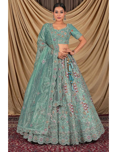 Sea Green Party Wear Embroidered Twill Net Lehenga Choli For Women - Gajiwala