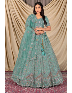 Sea Green Party Wear Embroidered Twill Net Lehenga Choli For Women - Gajiwala