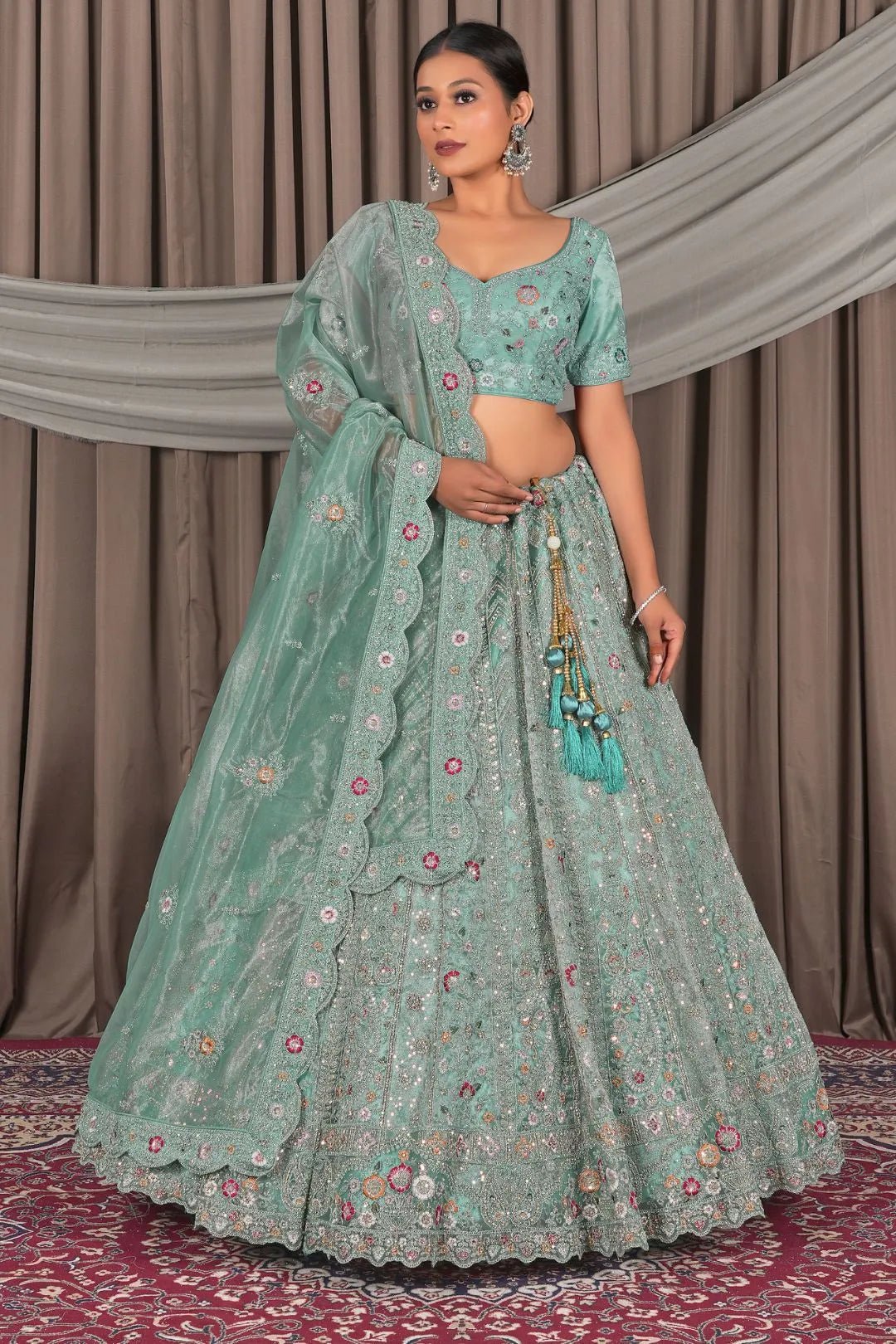 Sea Green Party Wear Embroidered Twill Net Lehenga Choli For Women - Gajiwala